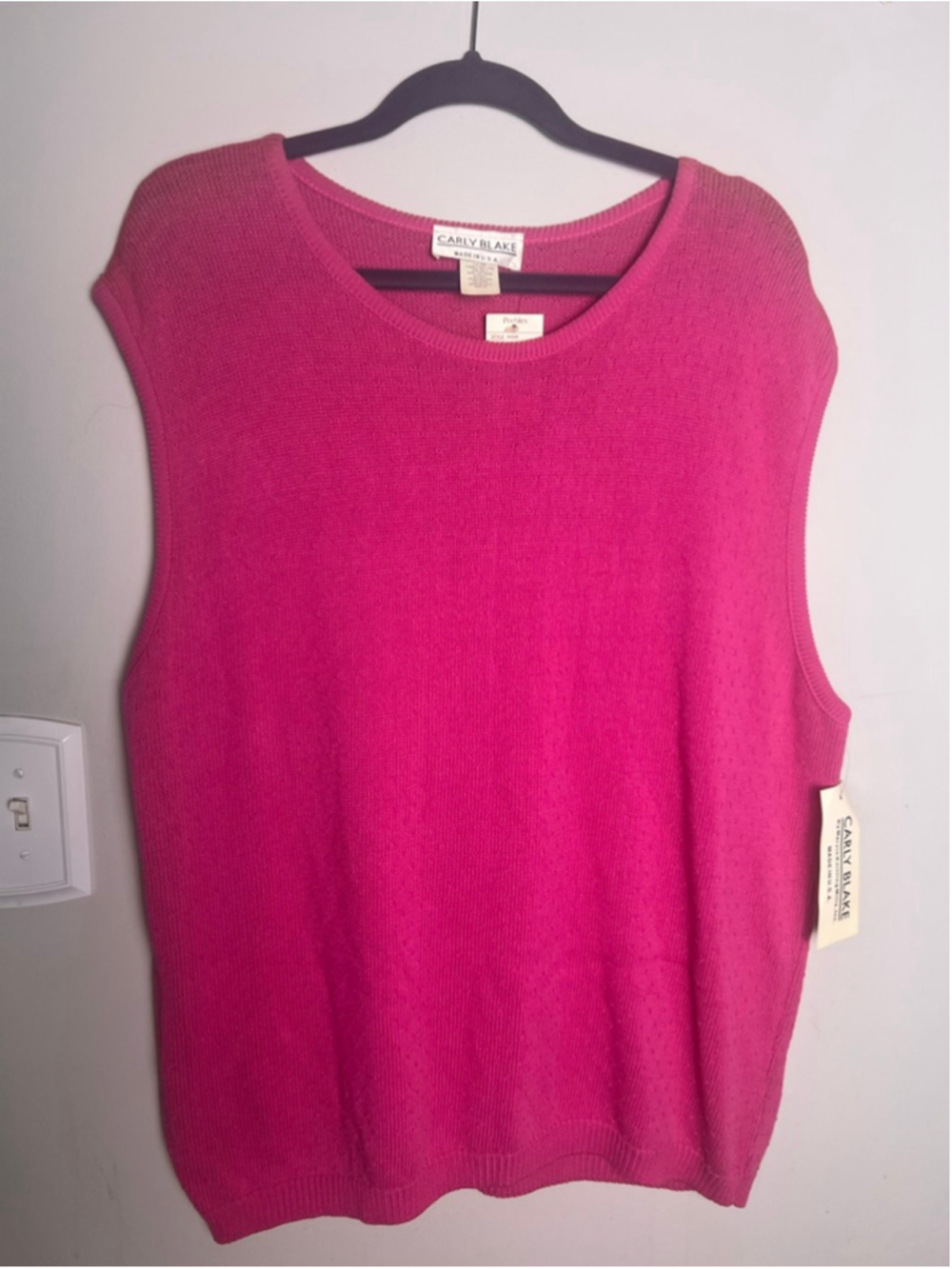 Carly Blake Sweater Vest Womens 2X Pink Sleeveless Knit Made In USA Cotton Vinta